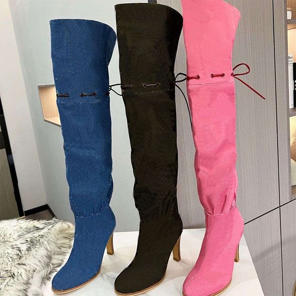 Femmes Designer Longue Botte Chaussette Tricotée Au-dessus Du Genou Hautes Bottes Stiletto Stretch Cuisse-haute Bout Pointu Bottines Pour Femmes De Luxe En Cuir Bas Ceinture Impression