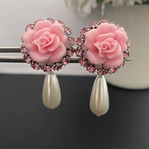 Boucles d'oreilles de luxe de créateurs de concepteurs argentés bling cz boucles d'oreilles de fleur rose gouttes pour filles femmes pour le mariage de fête belle cadeau