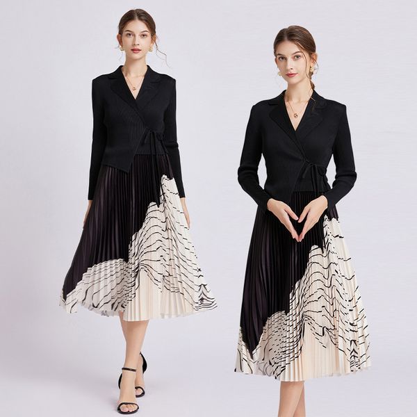 Mujeres diseñador midi vestido de manga larga blazer cuello con cordones delgado negro vestidos plisados bata 2023 otoño invierno vacaciones pista elegante impresión fiesta vestidos de damas