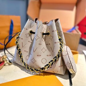 Femmes designer mini sac de seau avec un sac à main de monnaie rond à cordon à deux tons motif de fleurs chaîne de tricot en or bracelet en cuir amovible 22x19cm