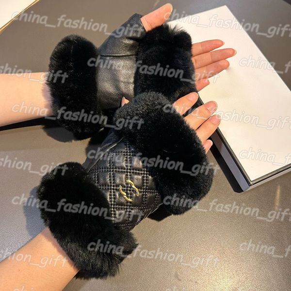 Gants d'hiver en cuir de luxe pour femmes, mitaines de styliste, gants chauds en fourrure de lapin, écran tactile, 2 couleurs avec boîte