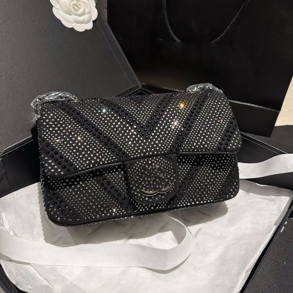 V-Stitch Full Diamonds Brillant Designer Sac à bandoulière Rabat classique Noir Argent Métal Matériel Matelasse Chaîne 25cm Sacs de soirée Bourse Femmes Moyen Cross Body Sac à main