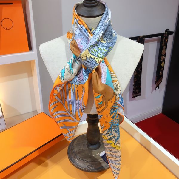 Bufanda de seda de diseñador para mujer Marca de moda caballo cuadrado 100% bufanda de seda envoltura Bufandas para la cabeza con etiquetas Fácil de combinar Tamaño 90 * 90 CM