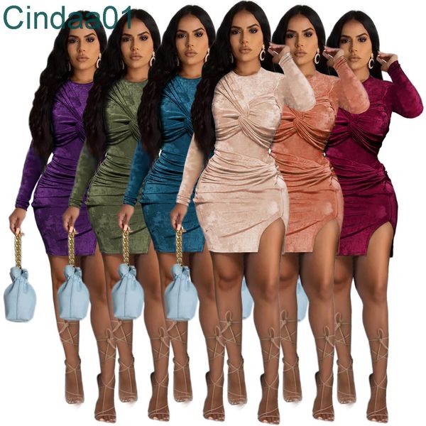 Diseñador de mujer Slim Sexy Casual O-cuello mameluco largo Mini falda manga ceñido al cuerpo 2 piezas conjunto vestido Veet apilado 6 colores