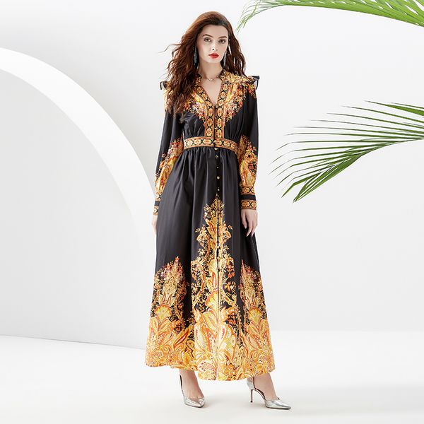 Mujeres diseñador con cuello en v boho maxi vestido manga linterna cintura alta acanalada vintage paisley floral vestidos de fiesta bata 2023 primavera otoño negro pista vacaciones vestidos lindos