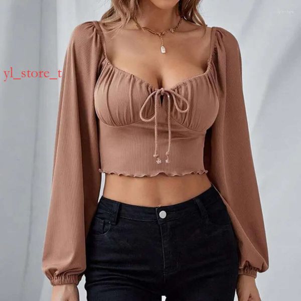 Femmes Designerst Shirts Girl Brown Brown Low Sexy Lady Crop Tops Dray String à manches longues chemises Brown Blouse Blouse Femme Slim Fit Top T-shirt Femme 9909