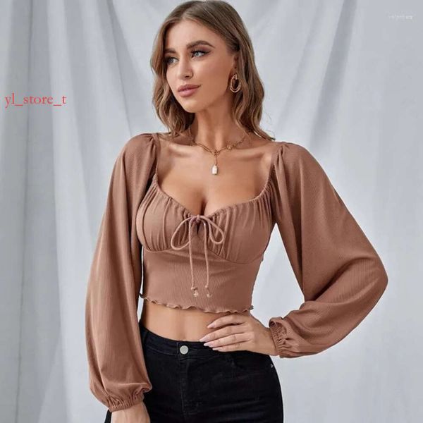 Femmes Designerst Shirts Girl Brown Brown Low Sexy Lady Crop Tops Draw Trime à manches longues chemises Blow