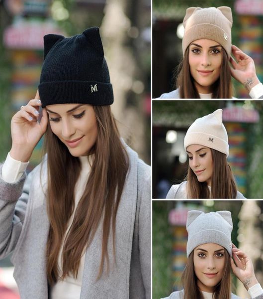 Gorro de punto trenzado de ganchillo con orejas de gato y cuernos de diablo para mujer, gorro cálido de lana para esquiar, Hat4915721