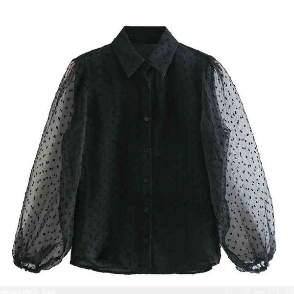 Mujeres Dot Flocado Organza Empalme Camisa negra Mujer Linterna Manga Blusa Casual Lady Tops sueltos Blusas S8525 210430