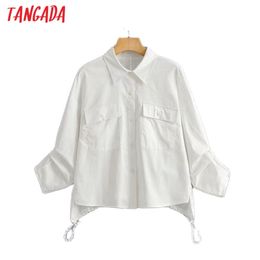 Vrouwen Dubbele Zakken Witte Blouse Vrouwelijke Casual Losse Kimono Shirts Chic Blusas Tops 3C2 210416