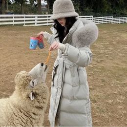 Femmes doudoune manteau d'hiver femme longue longueur au genou Parkas minceur épaissir vêtements d'extérieur grand col de fourrure taille pardessus 231226