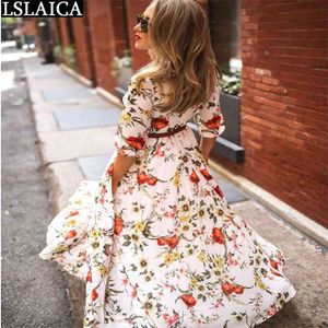 Femmes Robe 3/4 Manches Floral Print Big Swing Casual Mode Soirée Club Plus Taille Sexy 210515