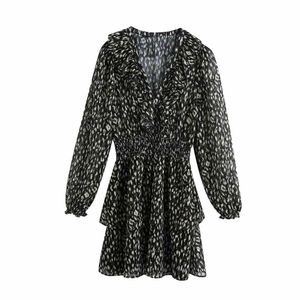 Vrouwen Jurk Dier Gedrukt V-hals Lange mouwen Smooked Elastische Taille Ruche Trims Mini Jurk Vestidos Femme Robe 210709