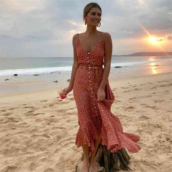 Vestido de mujeres Boho Maxi Girls Summer Ruffles Dulce Polka Dot Print Long Sexy Sexy Beach Sundress Venta de ropa de cuello en V 210522