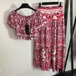 Femmes robe recadrée t-shirt haut mode 2 pièces ensembles Vintages imprimé col bateau hauts taille haute jupes costumes