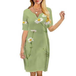 Femmes robe motif marguerite 3D imprimé col en V ample décontracté à manches courtes robe droite pour robes féminines robe verte régulière 220616