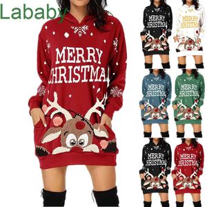 Damesjurk Designer Casual Kerstpatroon Gedrukt Lange Mouw Pocket Hooded Sweater Losse Jurken Rok 6 Kleuren