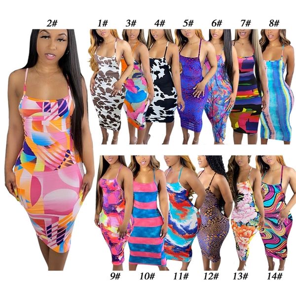 Femmes Robe Designer Mince Sexy Sans Manches Tie Dye Imprimé Robes Longues Dos Nu D'été Imprimé Jarretelle Jupe 14 Couleurs