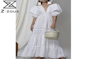 Vrouwen kleden elegant wit kanten diep v nek puff mouw vintage hoog taille uitgehold uit maxi es 2105136816160