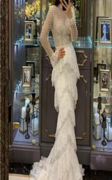 Femmes Robe de soirée Blanc en dentelle High Neck Sirène perles Yousf Aljasmi Kendal Jenner Femmes Habille Kim Kardashian Long Manche S3099641