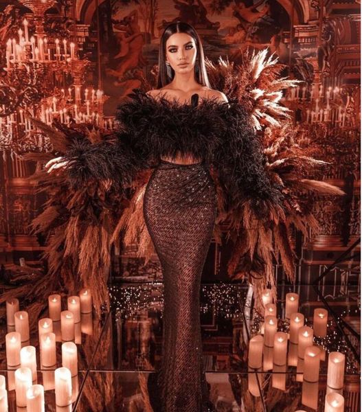 Vestido de mujer Vestido de noche Yousef aljasmi Sirena negra 2 piezas Falda de encaje de plumas Manga larga Vestido largo Labourjoisie Kim kardashian kylie jenner