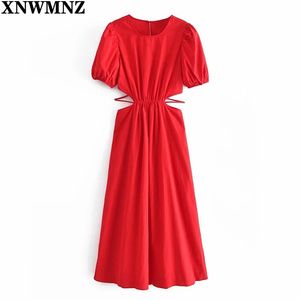 Vrouwen Jurk Mode Hollow Bandage Red Midi Woman Summer Short Puff Sleeve Elegant Party Long Es Robe 210520