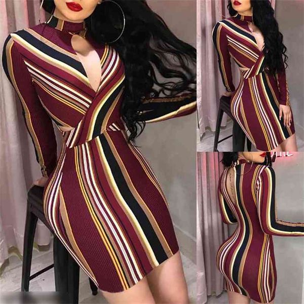 Femmes Robe Femme Sexy Bodycon Party Dames Élégantes Slim Fit Du Sein Ouvert Halter Sac Hanche Mini Rayé Soirée Clubwear Vêtements 210522