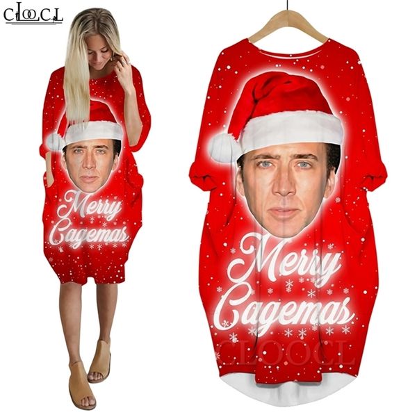 Robe femme drôle acteur Nicolas Cage impression 3D robes de fille amples à manches longues décontracté Streetwear robe de poche de Noël W220616