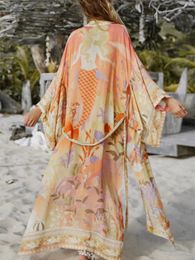 Femmes Robe Robe Couverture Vneck Robe Paon Imprimer Kimono Mince Veste Mode Tops Été Plage Bohême Vacances Porter 2023 240320