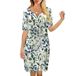 Femmes robe feuilles vertes motif 3D imprimé col en V ample décontracté à manches courtes robe droite pour les robes féminines Style de rue 220616