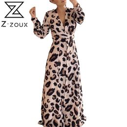 Vrouwen Jurk Lange Mouwen V-hals Bandage Leopard Jurken Plus Size Drukmode 210524