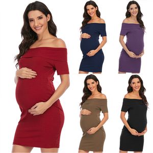 Vrouwen kleden zwangerschaps zomer stevige kleur schouderloze een schouder zonder schouder korte mouw kleding 5 -stijl bodycon -jurken