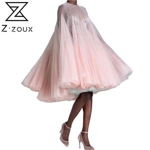 Vrouwen jurk o hals flare mouw mesh es fee roze bal toga temperament party es losse plus size zomer 210513