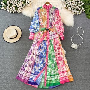 Casual Jurken Lente Vakantie Roze Maxi Jurk Vrouwen Kleding Coltrui Lange Lantaarn Mouw Bloem Retro Print Riem Chiffon Losse Vestidos 2023