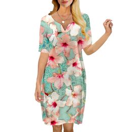 Femmes robe rose fleurs 3D imprimé col en v ample décontracté à manches courtes robe droite pour les robes féminines 220616