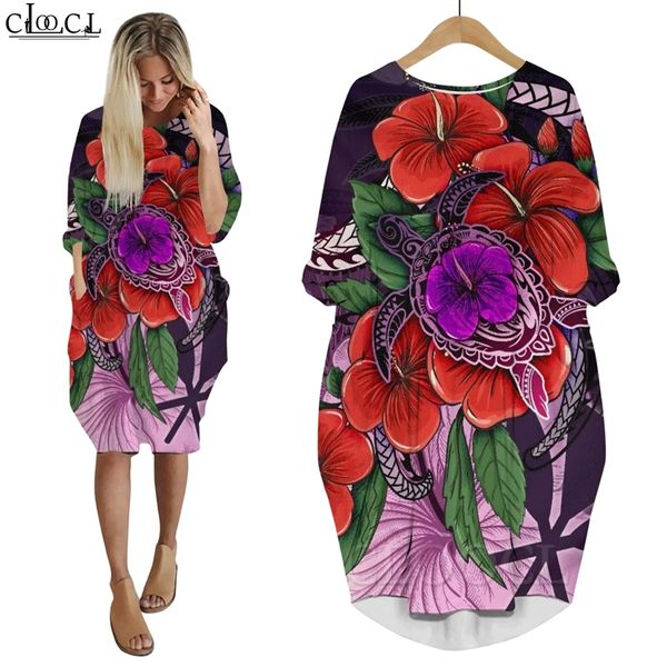 Robe femme polynésienne violet Hibiscus impression 3D jupe fille ample Streetwear mode manches longues poche robes féminines W220616