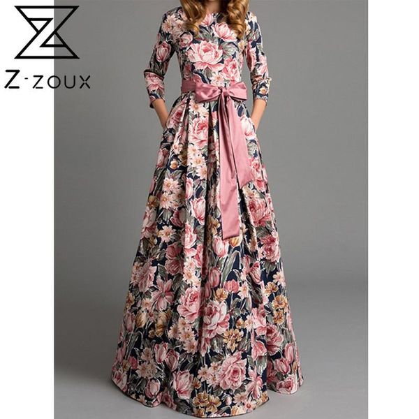 Femmes robe imprimé à lacets bohême Sexy longue impression florale Maxi es taille haute grand ourlet robe de bal automne hiver 210524