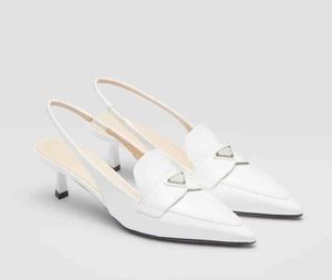 Damesjurksandalen merk hoge hakken geborsteld leer puntige neus slingback pomp driehoeklogo - Wit Lakleer sandaal lage hak met doos 35-42