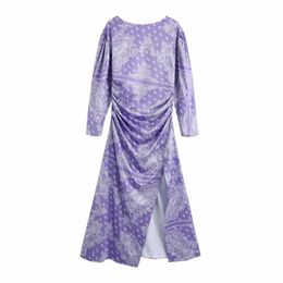 Vrouwen Jurk Satijn Gedrukt Ronde-hals Lange Mouwen Gathered Taille Midi Jurk Elegant Femme Robe Ropa Mujer Vestidos 210709