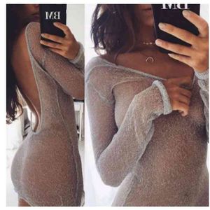 Vrouwen jurk Sexy Dames Bodycon Mesh Sheer Mini Hoge Kwaliteit Vrouwelijke Holle V-hals Doorzichtige transparante backless kleding 210522