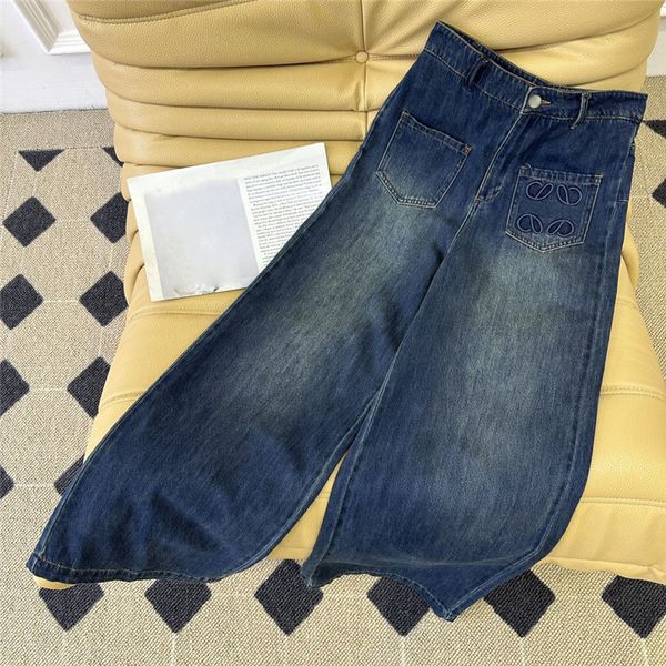 Pocket broderie pantalon denim pour femmes jeans de haute qualité fille dame designer pantalon de jambe droite