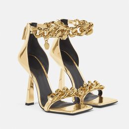 Dames kleding schoenen hoge hakken damesontwerper echte lederen pompen dame sandalen bruiloft gouden ketting 9,5 cm hak