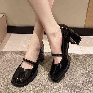 Femmes Chaussures Habillées Lucyever Vintage Talons Épais Mary Jane 2022 Boucle Sangle En Cuir Verni Femme Noir Marron Pompes Peu Profondes Dames 220607