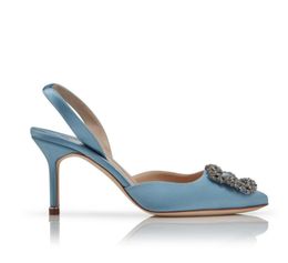 Dames jurk schoenen pumps merk hoge hakken hangisli sky blauw satijnen lederen juweel buckle slingback sandaal sling back sandalen 70 mm hee3372439