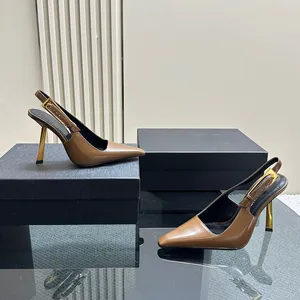 Dames Jurk Show Schoenen Sexy Hoge Hakken 10CM Luxe Ontwerpers Echt Leer Sling Pumps Dame Sexy Sandalen Bruiloft Feest Club Metaal Zwart Schoen 35-41