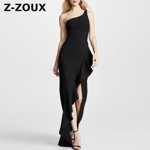 Femmes robe fendue irrégulière hors épaule volants Patchwork asymétrie grande taille noir Long se 210524