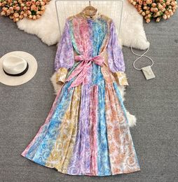 Femmes Hobe Spring Stand Collar Puff Long Manchel Vintage Imprimé Floral Vestidos Vestidos Tie Dye Longue robe de fête