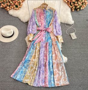 Dames kleden Spring Stand Kraag Puff met lange mouwen Vintage Print Floral Fashion Vestidos Tie Dye Long Party Dress