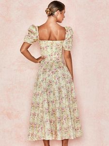 Vrouwen jurk Zomer 2021 Nieuwe Mode Bladerdeeg Mouw Floral High Slit Maxi voor Boho Lange Prue Size Y0823