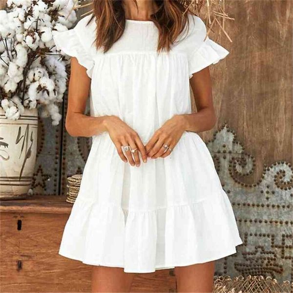 Femmes robe été décontracté lâche Boho mignon couches solide Cocktail plage robe d'été volants blanc Mini Streetwear 210522